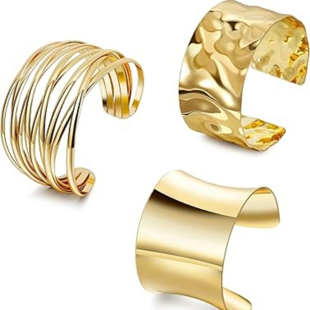 3 Chunky Gold Cuff Bangle Bracelet Cuban Jewelry Stunning !! 3 Pieces‎ !!!